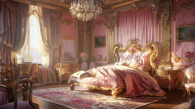 Photo araffe bedroom with pink bed and pink curtains and a chandelier