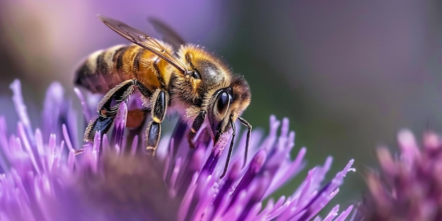 araffe bee on a purple flower with a blurry background generative ai