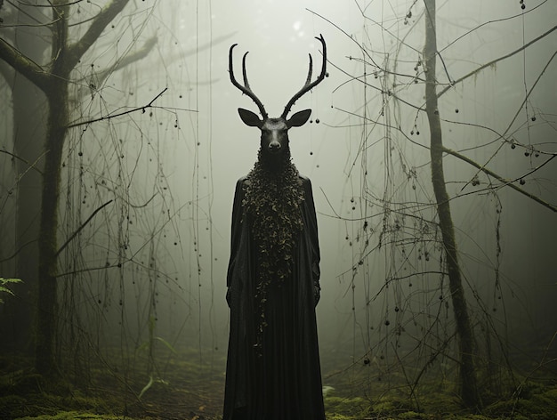 Araffe in a black cloak standing in a forest with a deer head generative ai