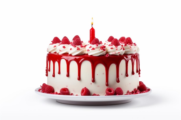 Araffe cake with raspberries and white icing on a plate generative ai