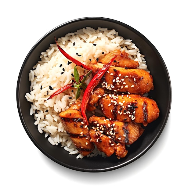 araffe chicken with sesame seeds and red peppers on top of rice generative ai