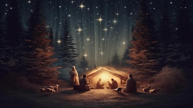 Araffe christmas scene of three people sitting in a manger with a star above them generative ai