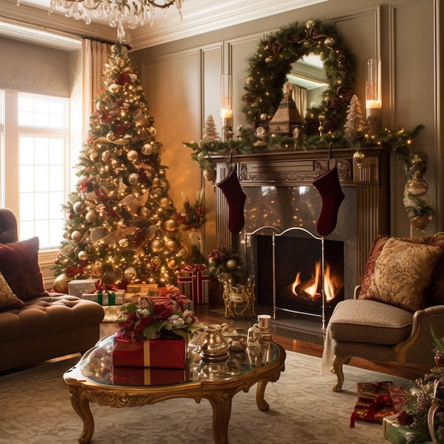 araffe christmas tree in a living room with a fireplace and a christmas tree generative ai