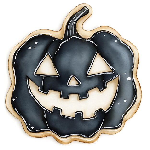 Photo araffe decorated cookie with black icing and a carved pumpkin