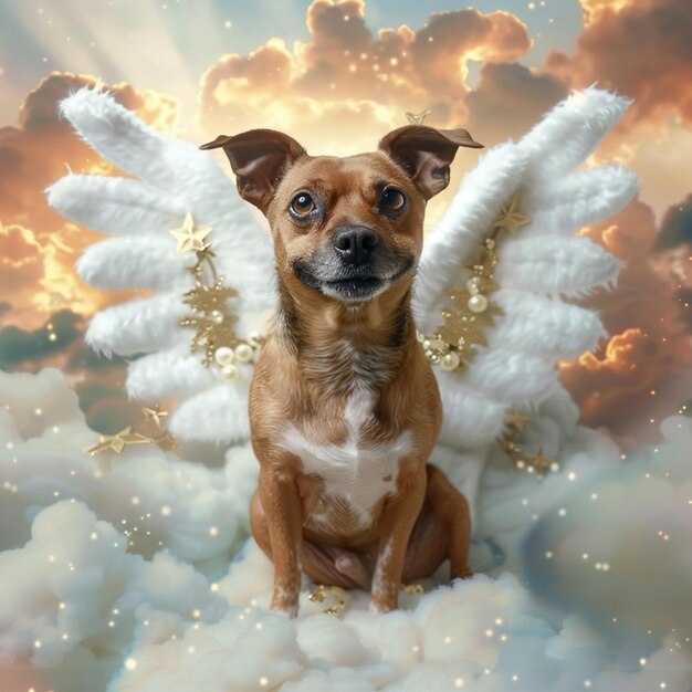 Photo araffe dog sitting on a cloud with angel wings generative ai