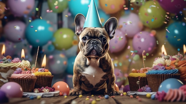 Araffe dog sitting in front of a table with cupcakes and balloons generative ai