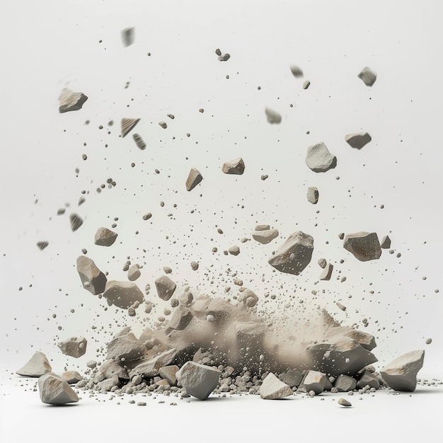 Araffe explosion of rocks and gravel on a white surface