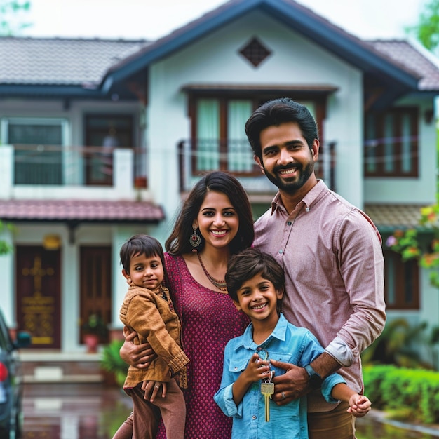 araffe family standing in front of a house with a key in their hand generative ai