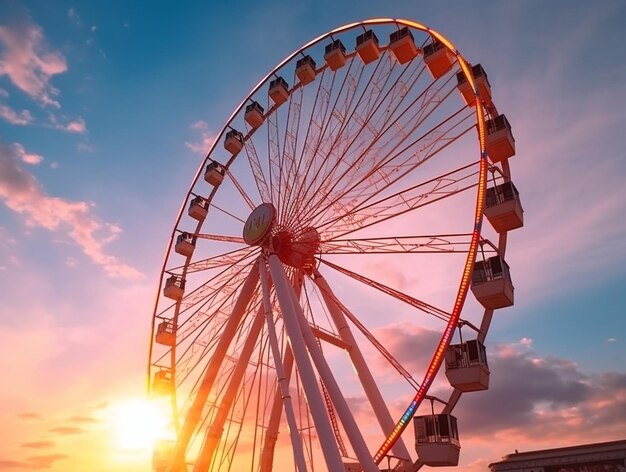 Araffe ferris wheel in the sunset with a sky background generative ai