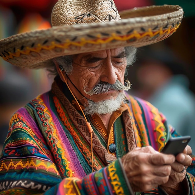 Araffe man in a sombrena using a cell phone