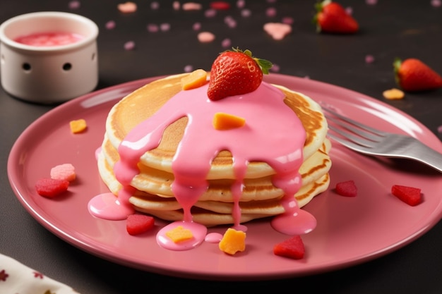 Araffe pancakes with pink icing and strawberries on a pink plate generative ai