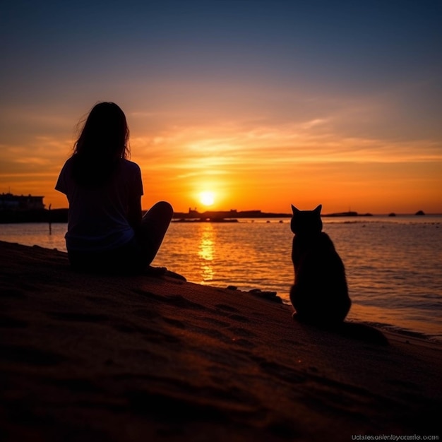 Araffe sitting on the beach with a cat watching the sunset generative ai