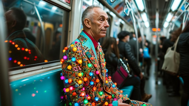 araffe sitting on a subway train with colorful lights on his jacket generative ai