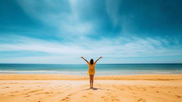 Araffe standing on a beach with his arms raised in the air generative ai