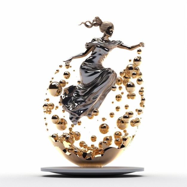 araffe statue of a woman in a dress is floating in a sphere of gold balls generative ai