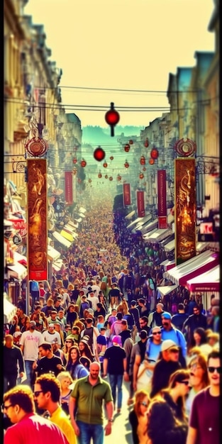 Araffe street filled with people and shops lanterns hanging from the ceiling generative ai