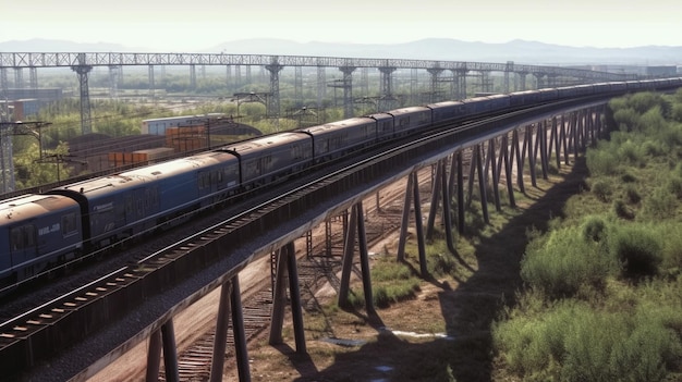 Araffe train on a track with a bridge in the background generative ai