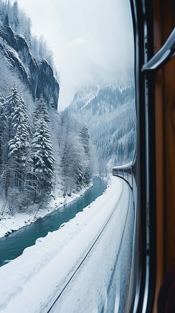 Photo araffe view of a snowy mountain from a train window