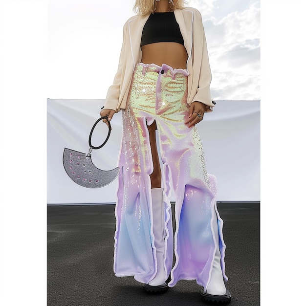 Photo araffe wearing a skirt and a jacket with a purse generative ai