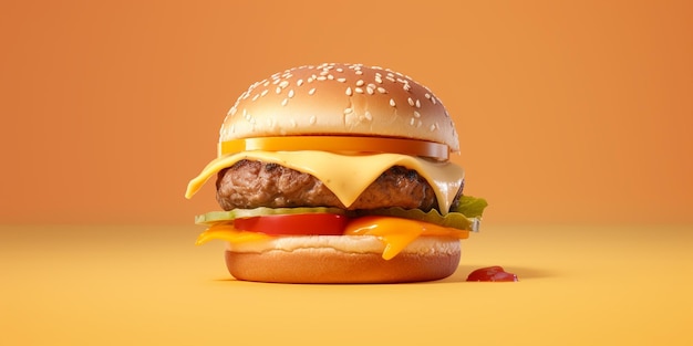 araffe with cheese and tomato on a bun with a mustard background generative ai