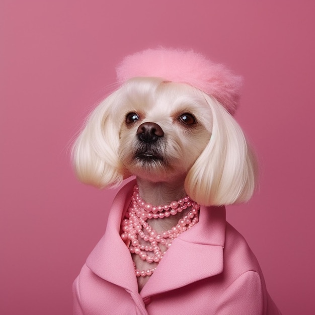 Araffe with a pink coat and pearls on a pink background generative ai