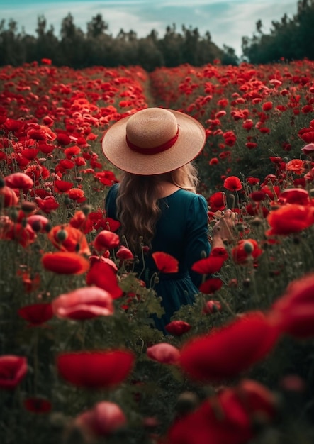 araffe woman in a field of red flowers with a hat generative ai