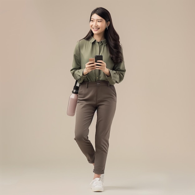 araffe woman in green shirt and brown pants holding a cell phone generative ai