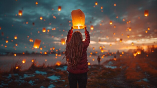 Photo araffe woman holding up a paper lantern in the air generative ai