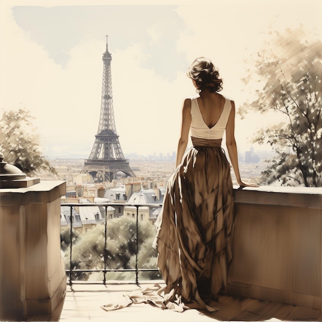 araffe woman in a long skirt looking at the eiffel tower generative ai