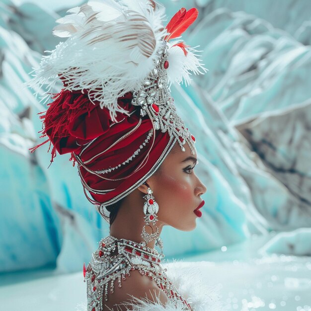 araffe woman in a red turban and feathered headdress generative ai