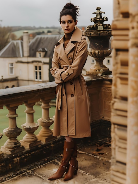 Photo araffe woman in a trench coat standing on a balcony