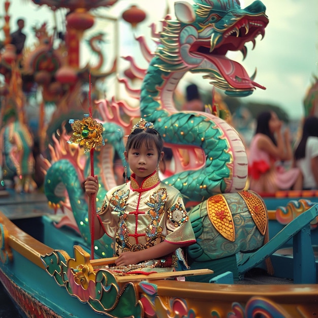 araffed dragon boat with a girl in a costume on the front generative ai