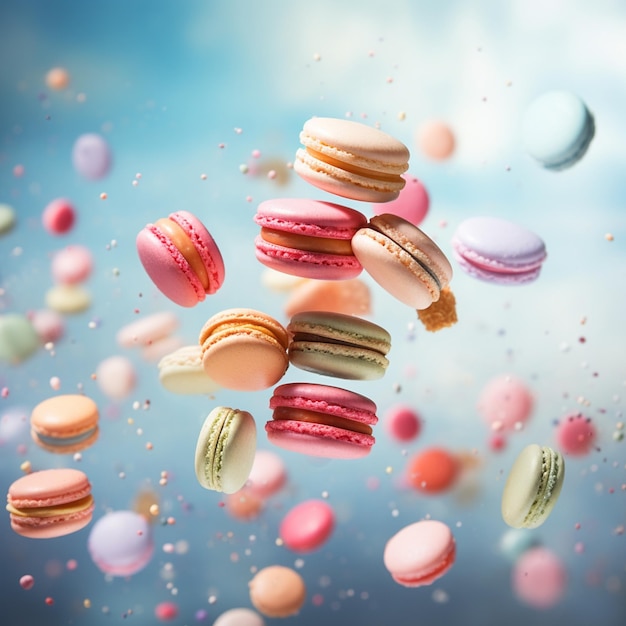 araffes of macarons flying in the air with confetti generative ai