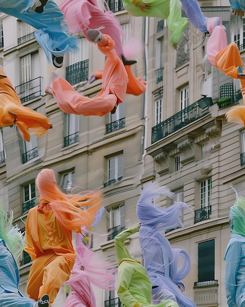 araffes of people are flying in the air in front of a building