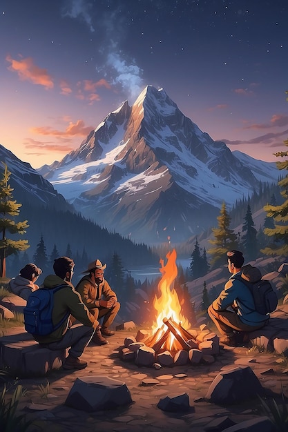 Araffes sitting around a campfire with a mountain in the background generative ai