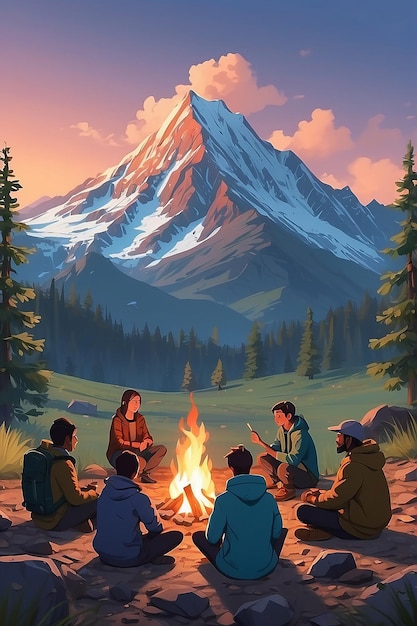 Araffes sitting around a campfire with a mountain in the background generative ai