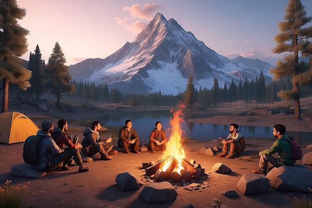 Araffes sitting around a campfire with a mountain in the background generative ai