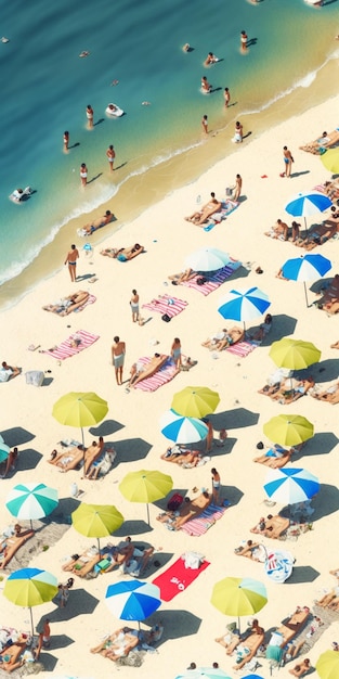 Araffes and umbrellas on a beach with people in the water generative ai