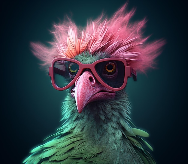 Araffy bird with pink glasses and a pink mohawk generative ai