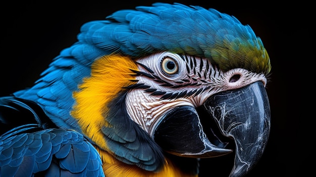 araffy blue and yellow parrot with a black background generative ai