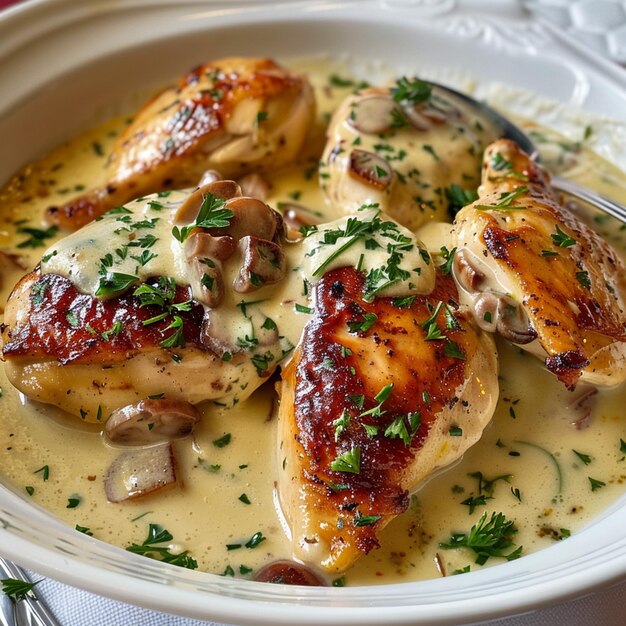 Photo araffy chicken with mushrooms and sauce in a white bowl generative ai