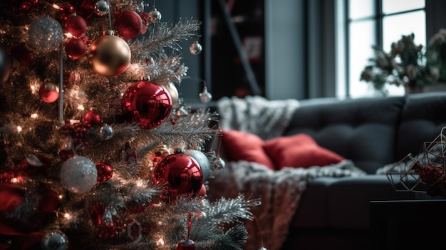 Araffy christmas tree with red and silver ornaments in a living room generative ai