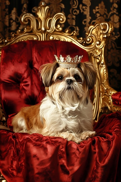 Araffy dog sitting on a red chair with a gold crown on it