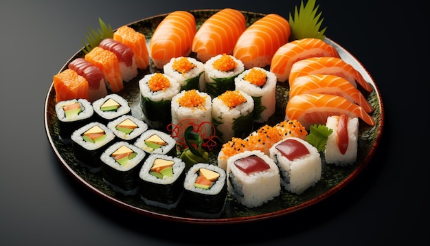 Araffy plate of sushi with salmon generative ai