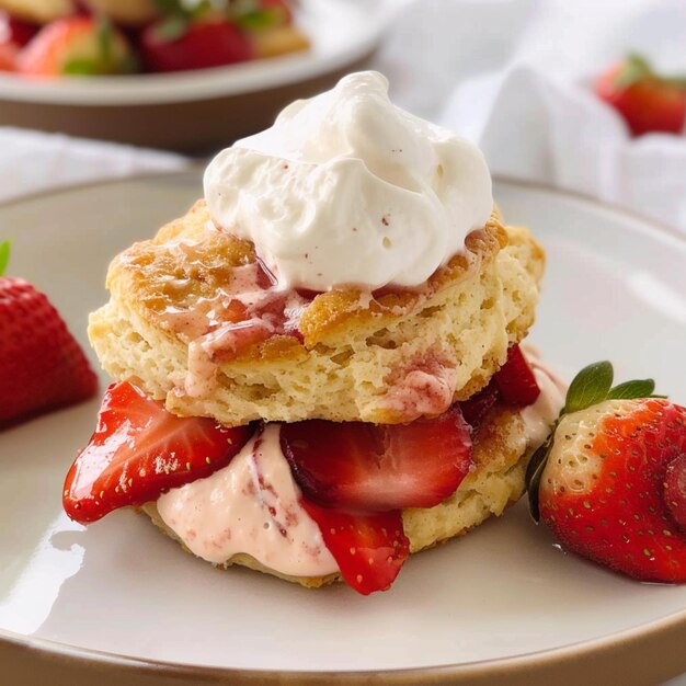 Photo araffy strawberry shortcakes with whipped cream and strawberries on a plate generative ai