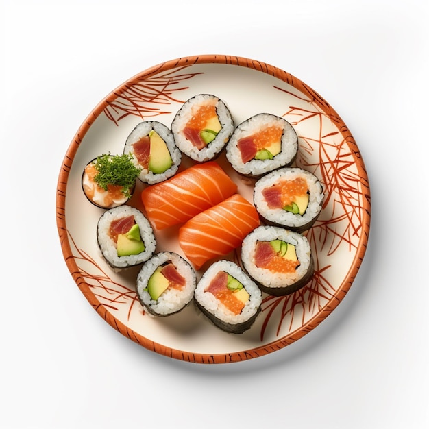 Araffy sushi on a plate with a white background generative ai