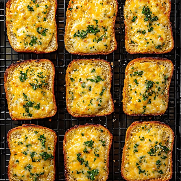 araffy toasted bread with cheese and herbs on a cooling rack