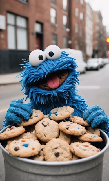 arafied cookie monster with a bucket of cookies in the street