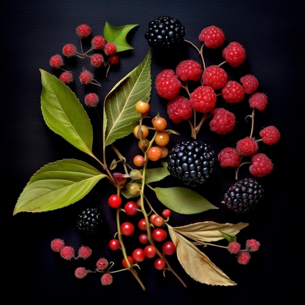 Arafies with berries and leaves on a black background generative ai