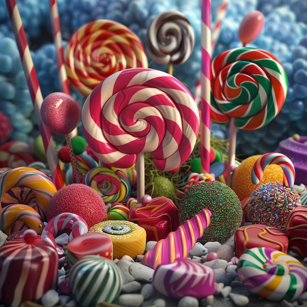 arafly colored lollipops and candy balls are piled together generative ai